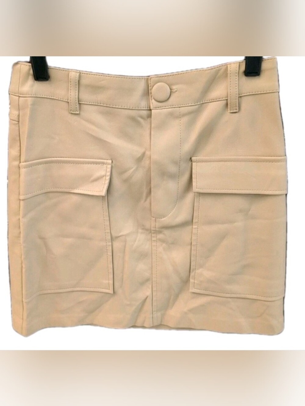Zara Cargo Beige Khaki Faux-Leather Mini Skirt Patch Pockets Size XS